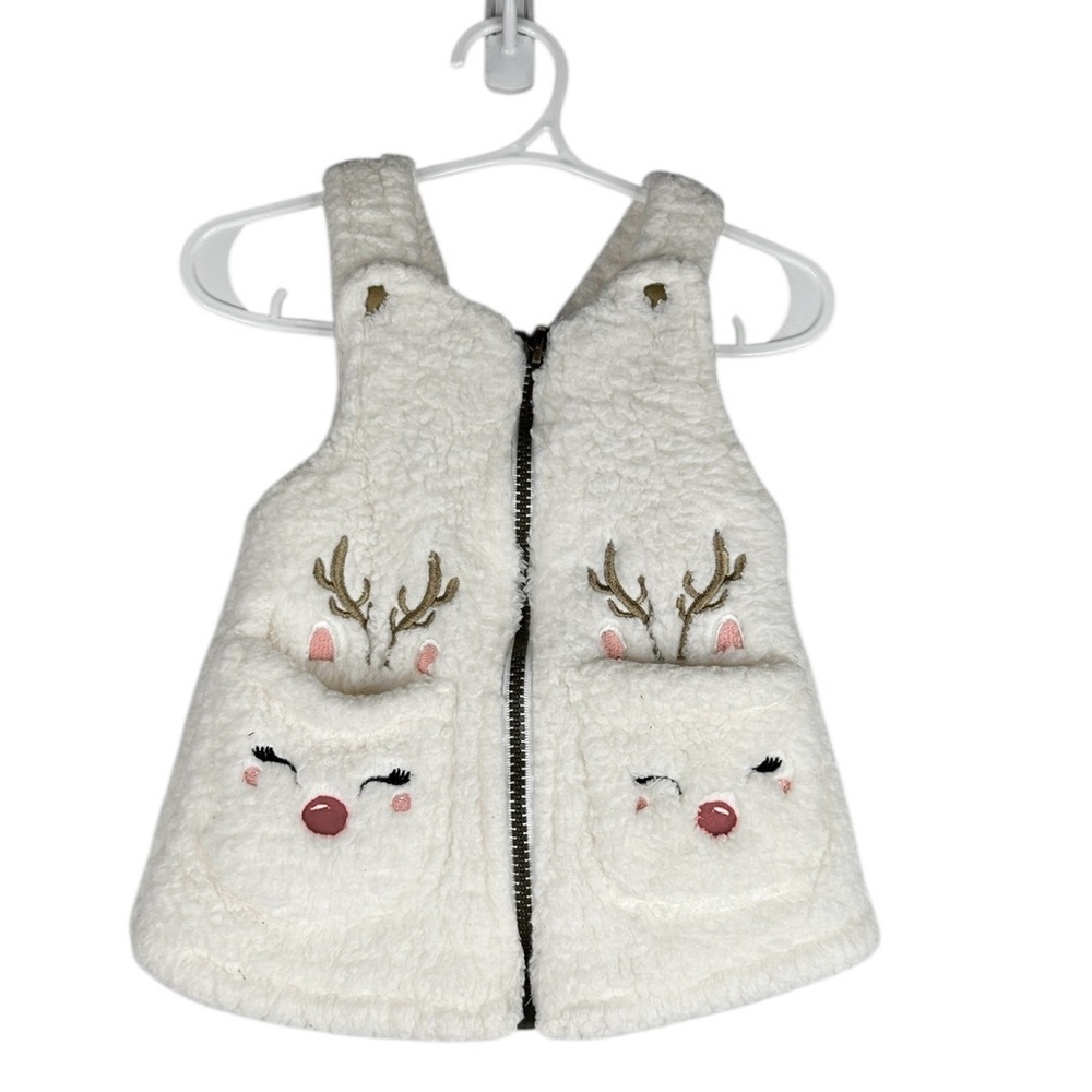 Baby Sherpa Deer Embroidered Print Zip Down Winter Fall Overall Dress 0-3 months